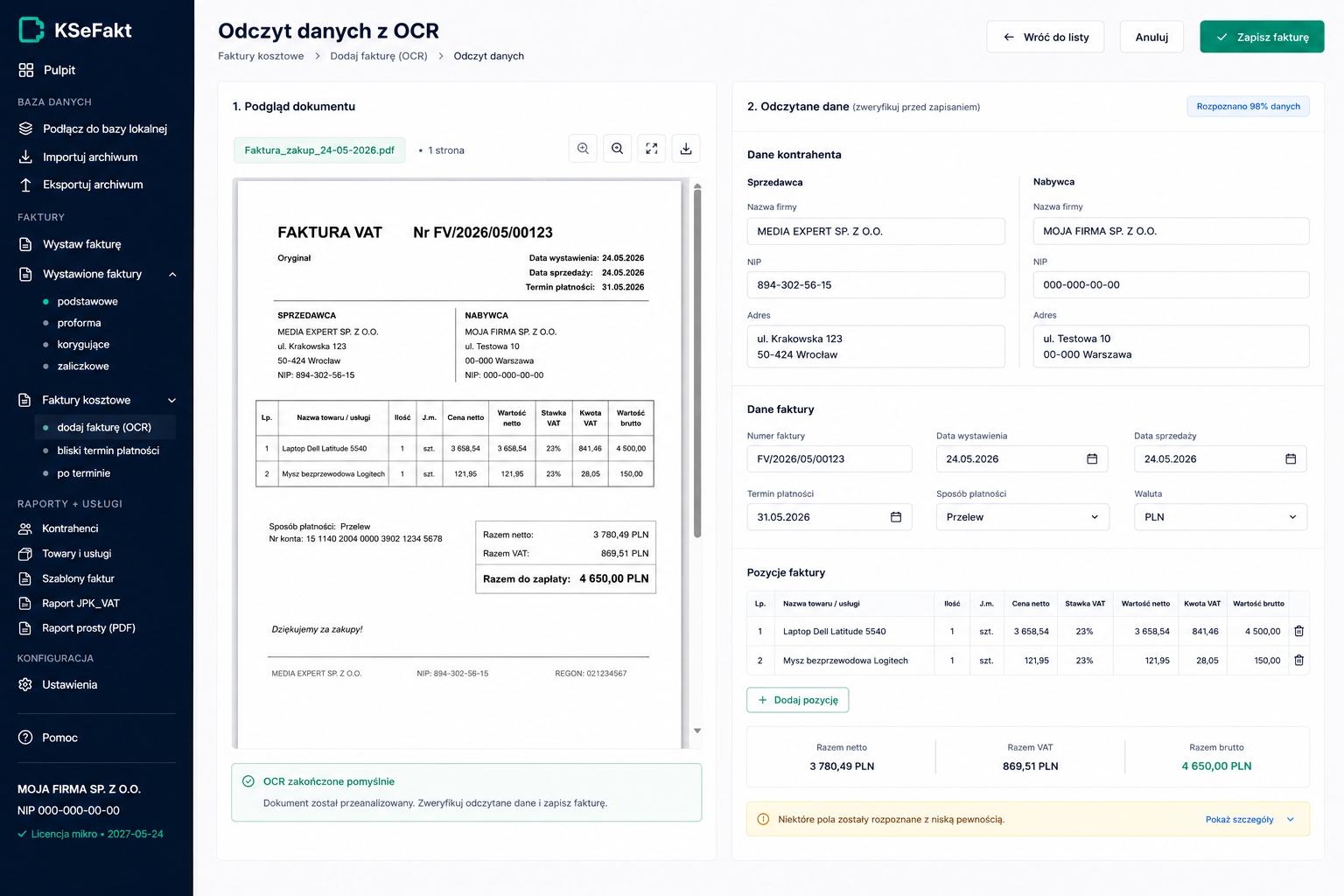 OCR — rozpoznawanie pól z PDF kosztowego