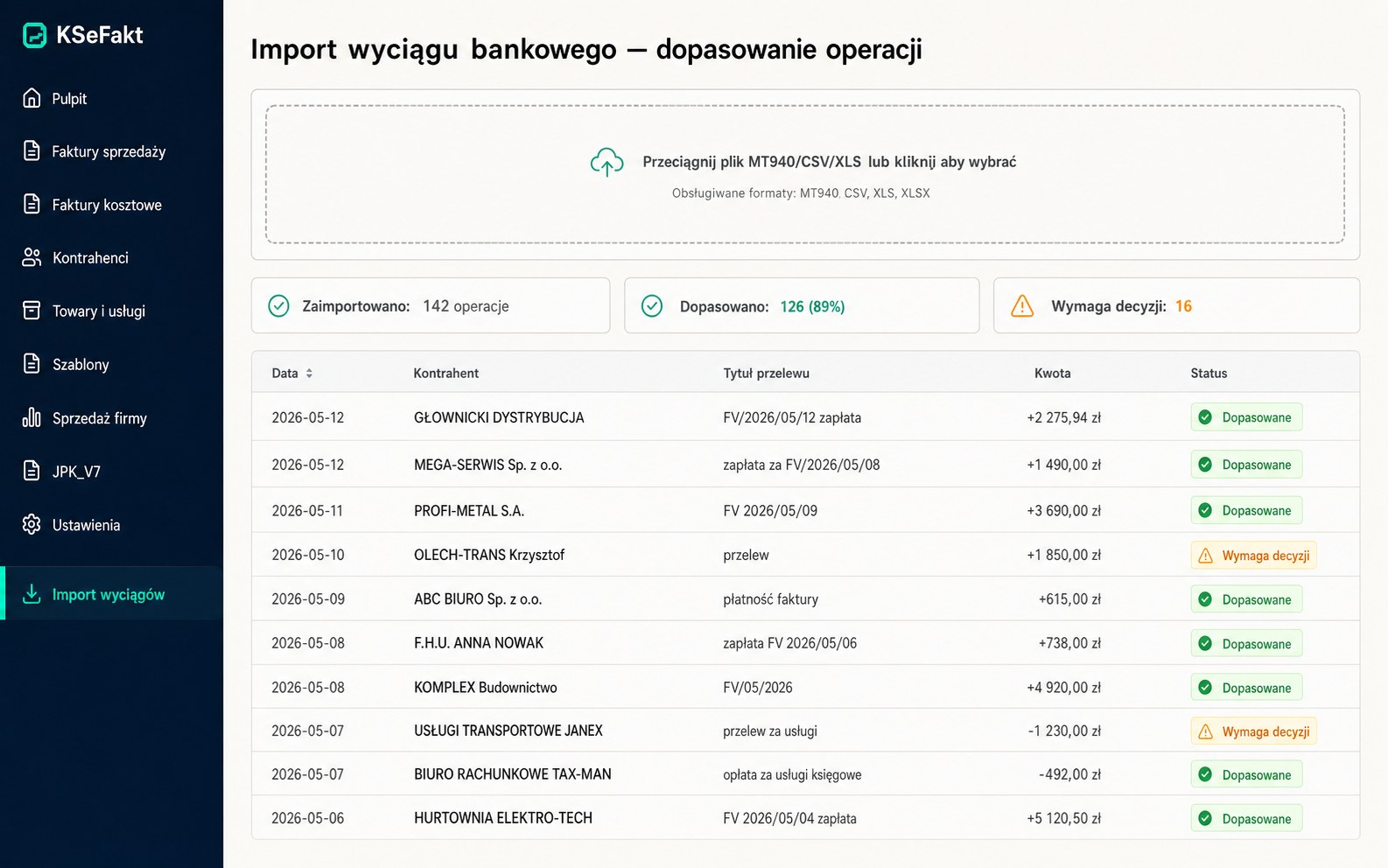 Import wyciągu bankowego — automatyczne dopasowanie wpłat do faktur
